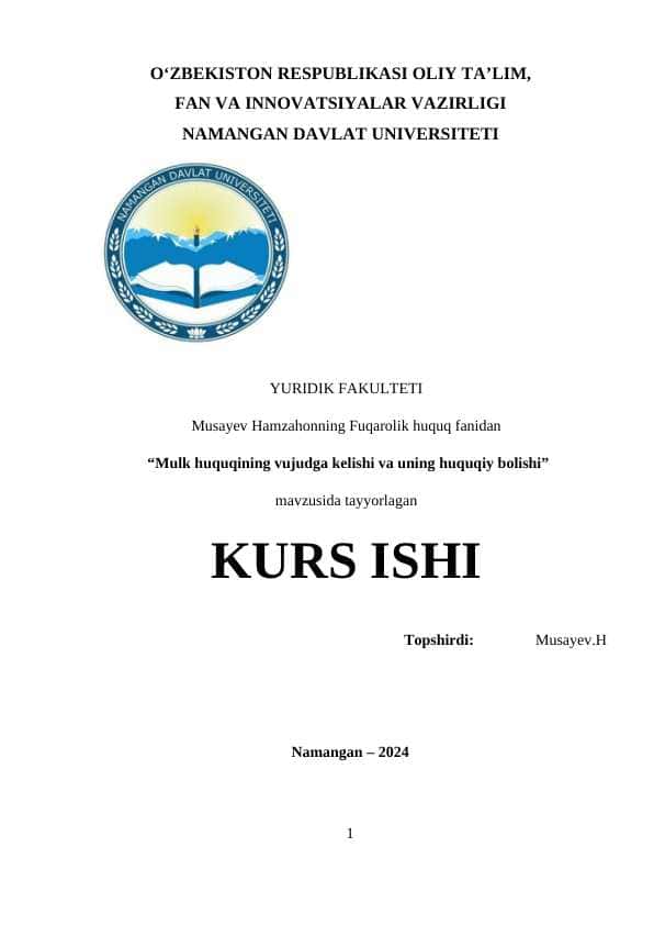 “Mulk huquqining vujudga kelishi va uning huquqiy bolishi”