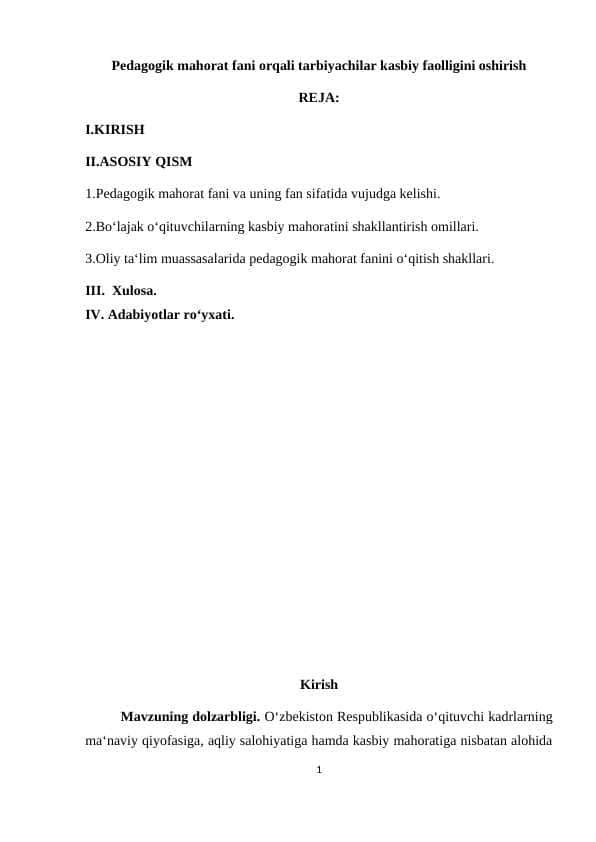 Pedagogik mahorat fani orqali tarbiyachilar kasbiy faolligini oshirish