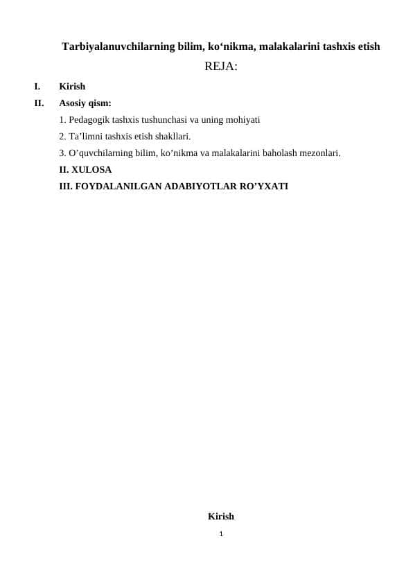 Tarbiyalanuvchilarning bilim, koʻnikma, malakalarini tashxis etish