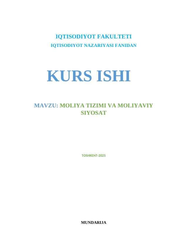 MOLIYA TIZIMI VA MOLIYAVIY SIYOSAT