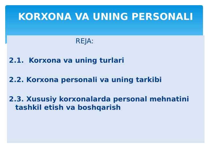 KORXONA VA UNING PERSONALI