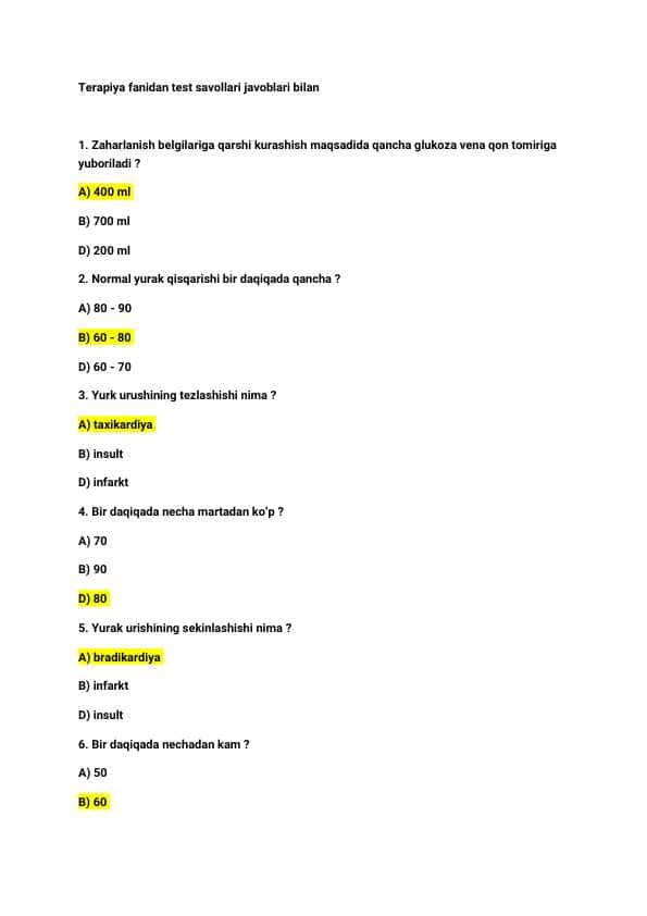 Terapiya | Ichki kasalliklar fanidan | Test savol-javoblari | N_25