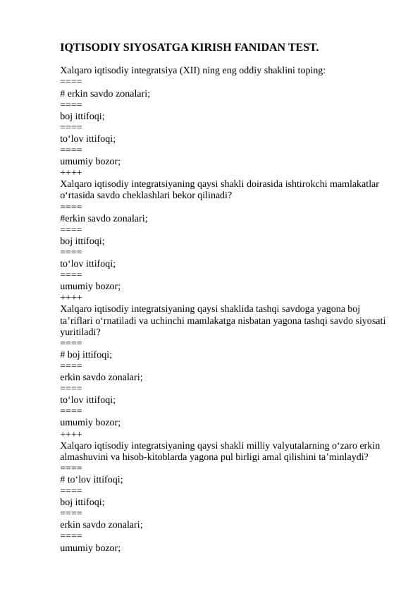IQTISODIY SIYOSATGA KIRISH FANIDAN TEST.