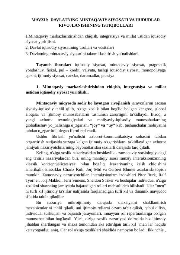 DAVLATNING MINTAQAVIY SIYOSATI VA HUDUDLAR RIVOJLANISHINING ISTIQBOLLARI