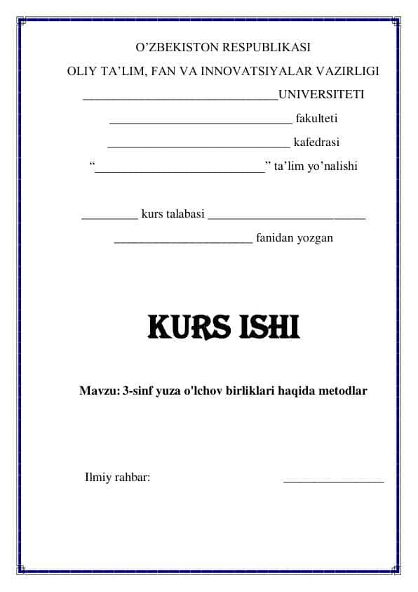 3-sinf yuza o'lchov birliklari haqida metodlar