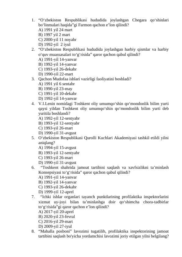 Konstitutsiya va huquq fanidan 218ta testlar toʻplami