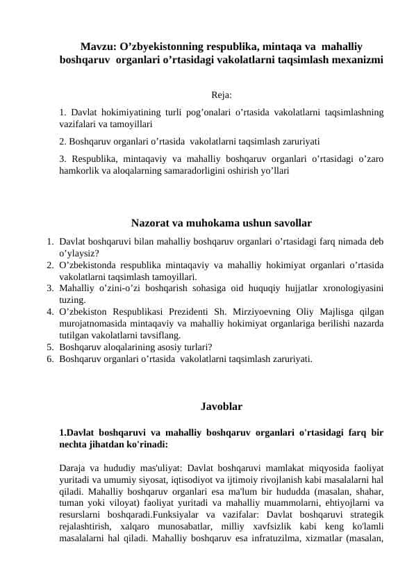 O’zbyekistonning respublika, mintaqa va mahalliy boshqaruv organlari o’rtasidagi vakolatlarni taqsimlash mexanizmi