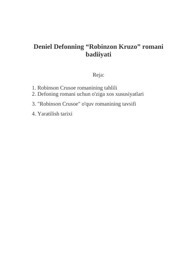 Deniel Defonning “Robinzon Kruzo” romani badiiyati