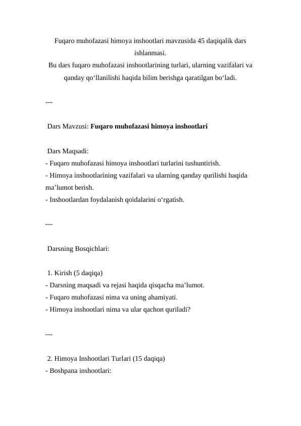 Fuqaro muhofazasi himoya inshootlari ( Dars ishlanmasi )