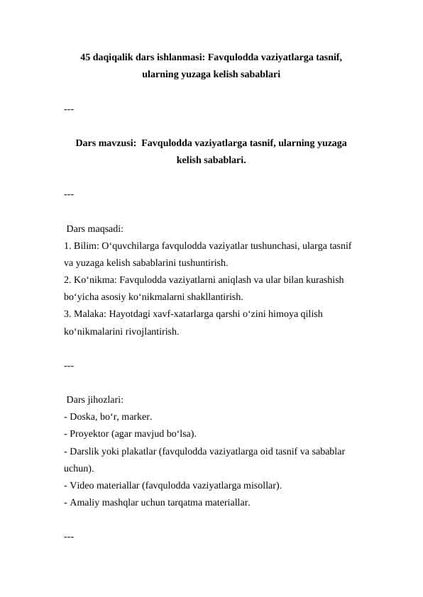 Favqulodda vaziyatlarga tasnif, ularning yuzaga kelish sabablari ( Dars ishlanmasi )