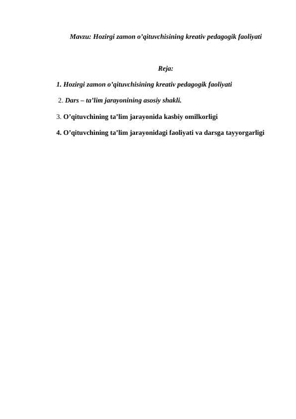 Hozirgi zamon o’qituvchisining kreativ pedagogik faoliyati