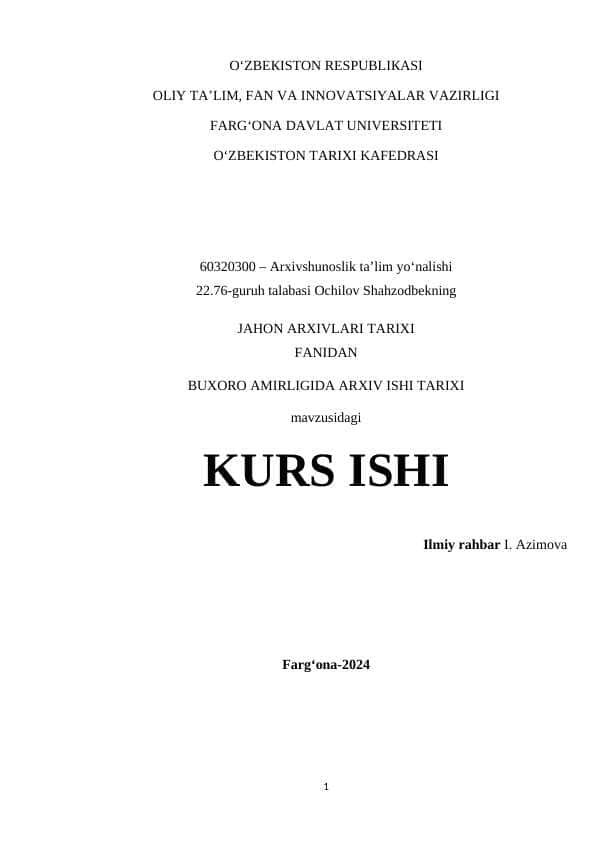 Buxoro amirligi arxivlari tarixi haqida kurs ishi