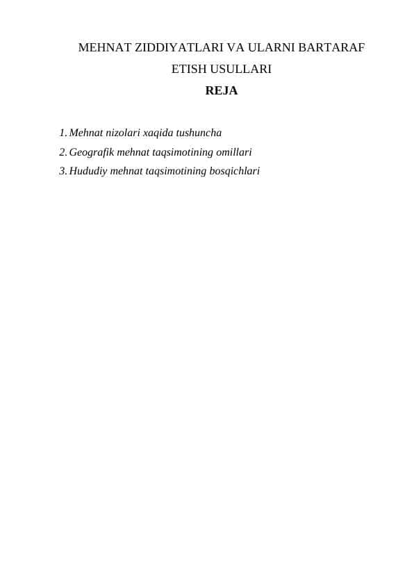 MEHNAT ZIDDIYATLARI VA ULARNI BARTARAF ETISH USULLARI