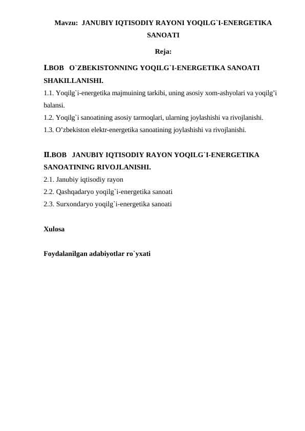 JANUBIY IQTISODIY RAYONI YOQILG`I-ENERGETIKA SANOATI