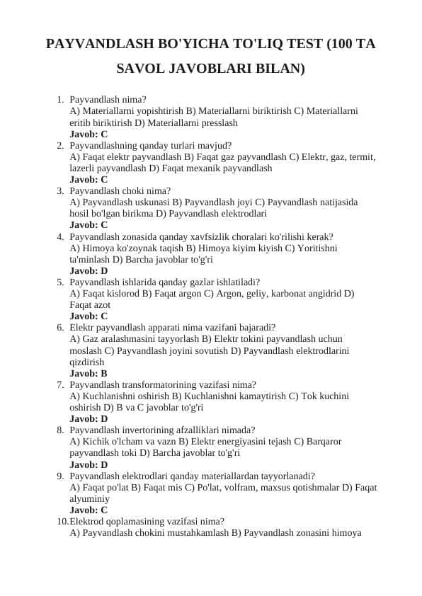 PAYVANDLASH BO'YICHA 100TA TEST