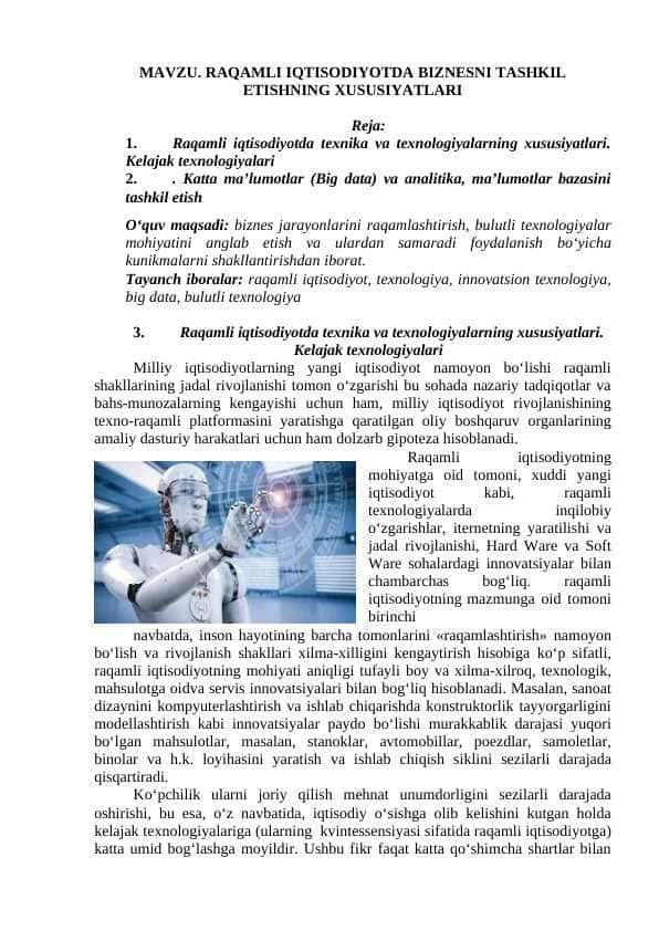 RAQAMLI IQTISODIYOTDA BIZNESNI TASHKIL ETISHNING XUSUSIYATLARI