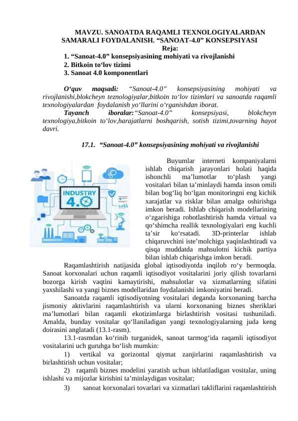 SANOATDA RAQAMLI TEXNOLOGIYALARDAN SAMARALI FOYDALANISH. “SANOAT-4.0” KONSEPSIYASI