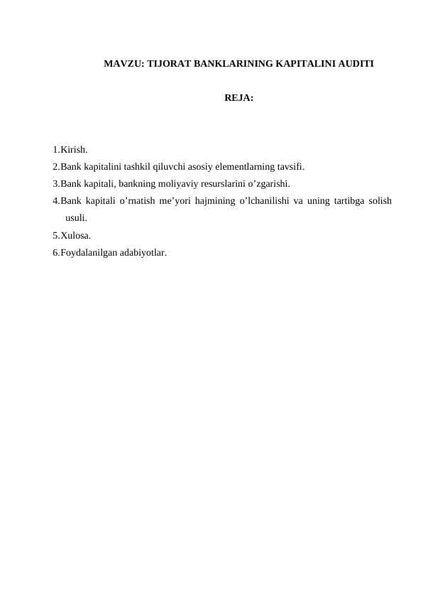 Tijorat banklarining kapitalini auditi