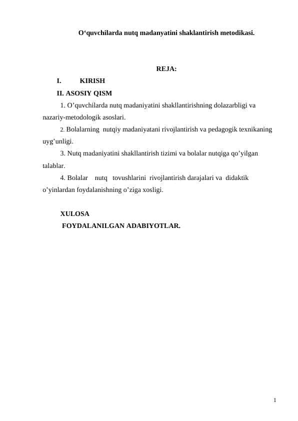 Oʻquvchilarda nutq madanyatini shaklantirish metodikasi