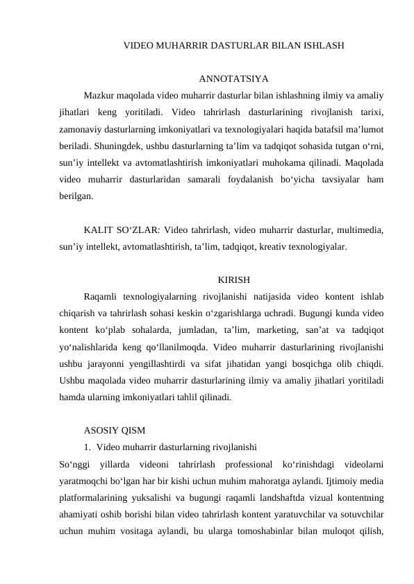 VIDEO MUHARRIR DASTURLAR BILAN ISHLASH