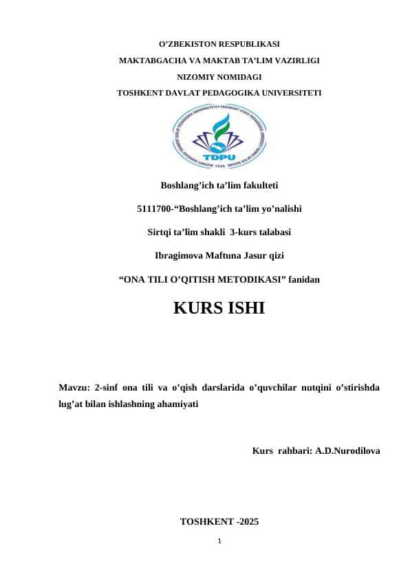 Boshlang'ich sinflarda lug'at bilan ishlash
