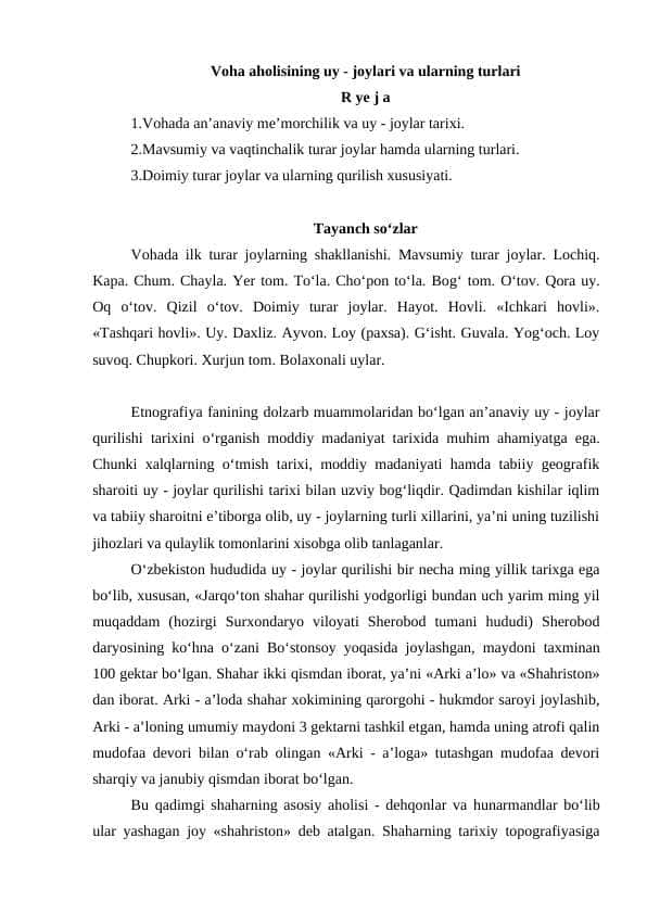 Voha aholisining uy - joylari va ularning turlari