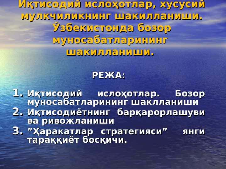 Иқтисодий ислоҳотлар, хусусий мулкчиликнинг шакилланиши. Ўзбекистонда бозор муносабатларининг шакилланиши