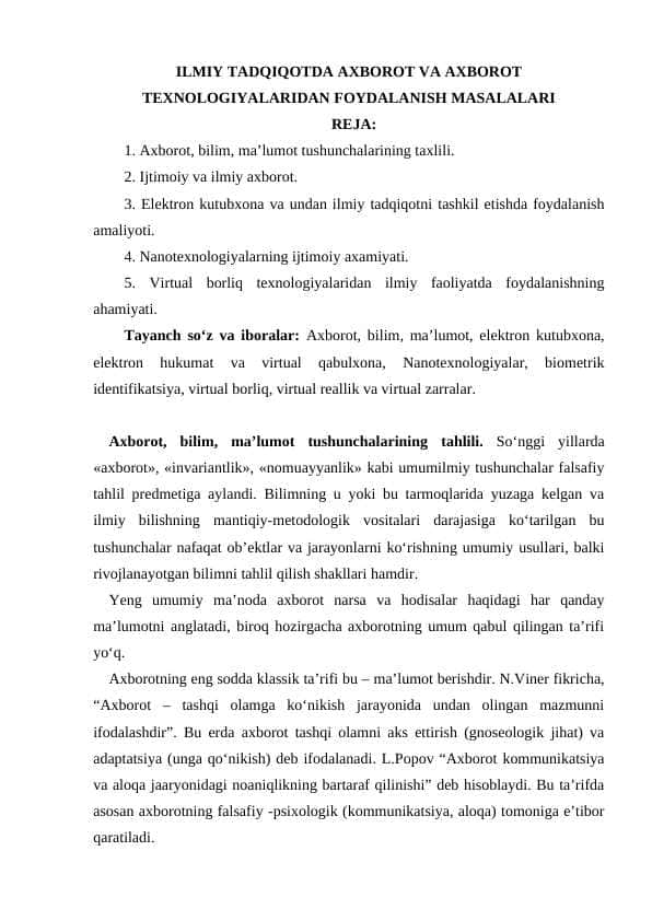 ILMIY TADQIQOTDA AXBOROT VA AXBOROT TEXNOLOGIYALARIDAN FOYDALANISH MASALALARI
