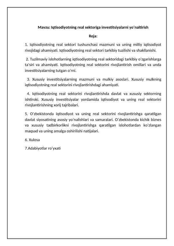 Iqtisodiyotning real sektoriga investitsiyalarni yoʻnaltirish