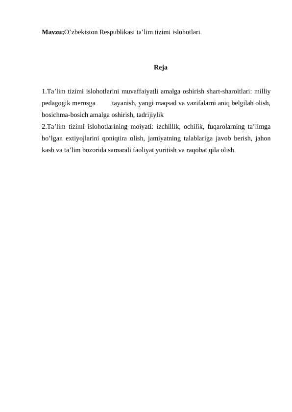 O’zbekiston Respublikasi ta’lim tizimi islohotlari.