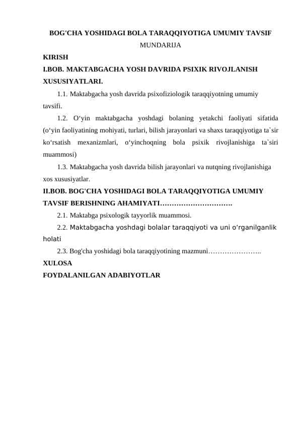 BOG‘CHA YOSHIDAGI BOLA TARAQQIYOTIGA UMUMIY TAVSIF