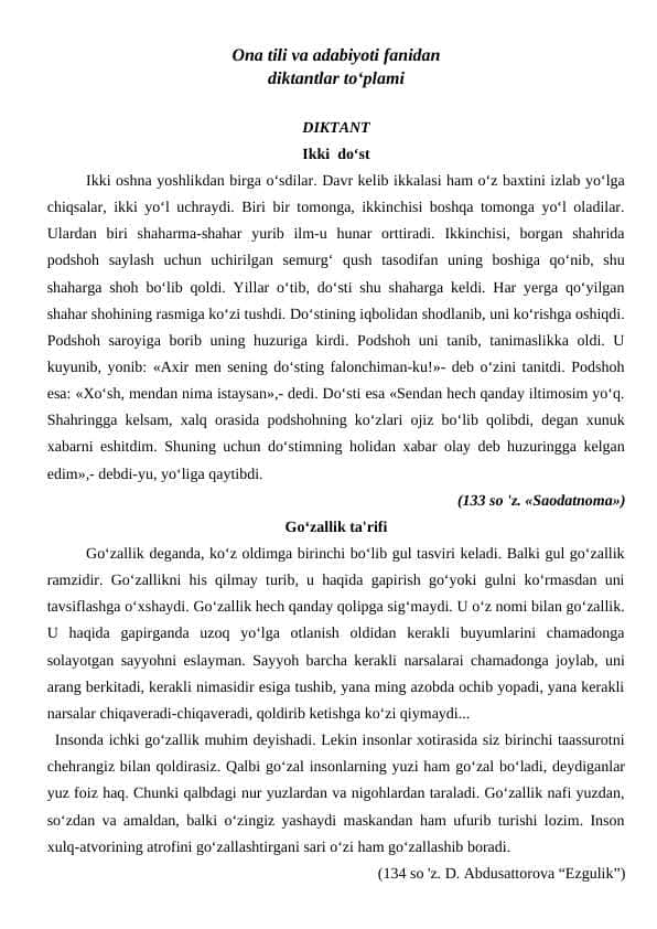 Ona tili va adabiyoti fanidan diktantlar to'plami