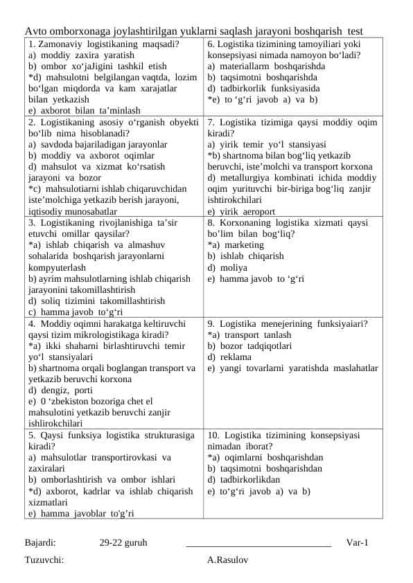 Logistika fanidan test