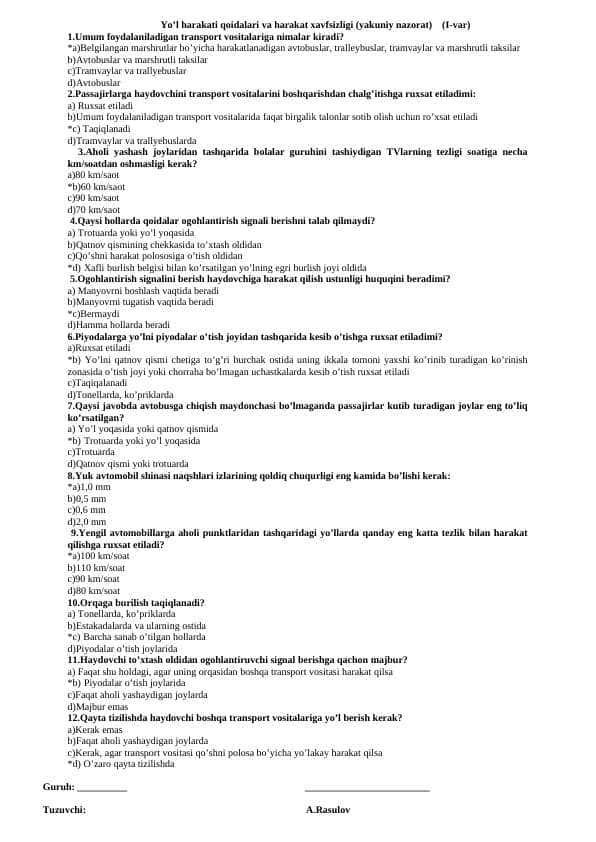 Yo'l harakati qoidalari test
