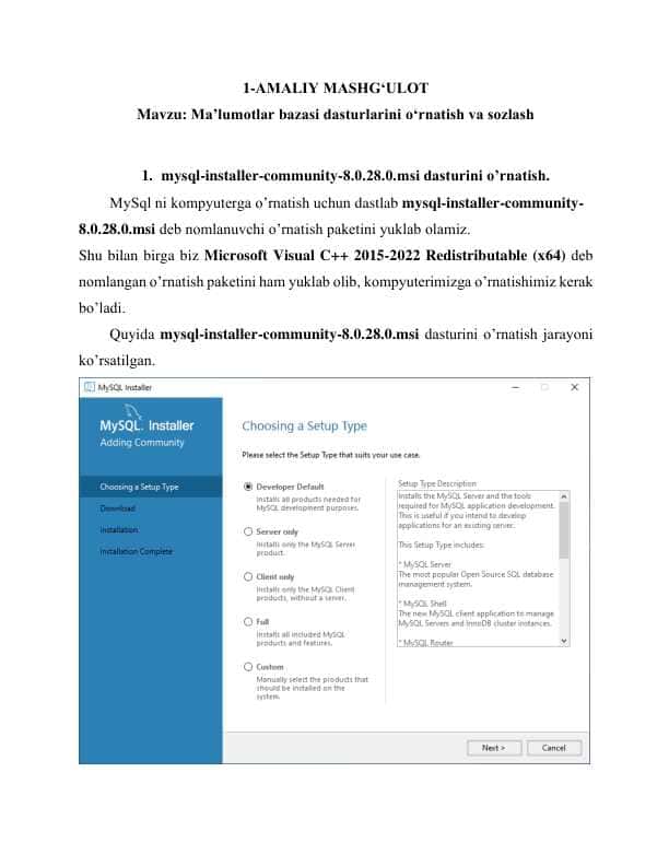 Ma’lumotlar bazasi dasturlarini o‘rnatish va sozlash mysql-installer-community-8.0.28.0.msi dasturini o’rnatish.
