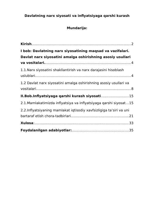 Davlatning narx siyosati va inflyatsiyaga qarshi kurash