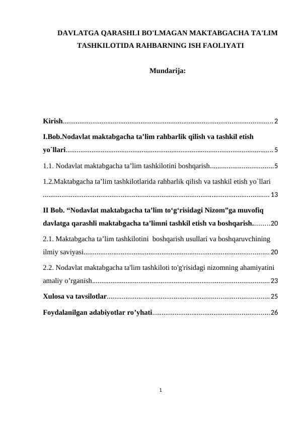 DAVLATGA QARASHLI BO'LMAGAN MAKTABGACHA TA'LIM TASHKILOTIDA RAHBARNING ISH FAOLIYATI