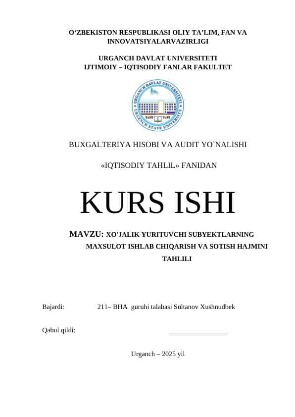 XO'JALIK YURITUVCHI SUBYEKTLARNING MAXSULOT ISHLAB CHIQARISH VA SOTISH HAJMINI TAHLILI