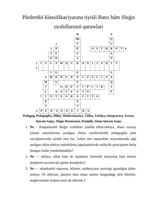 Pánlerdiń klassifikaciyasına tiyisli Batıs hám Shıǵıs oyshıllarınıń qarawları