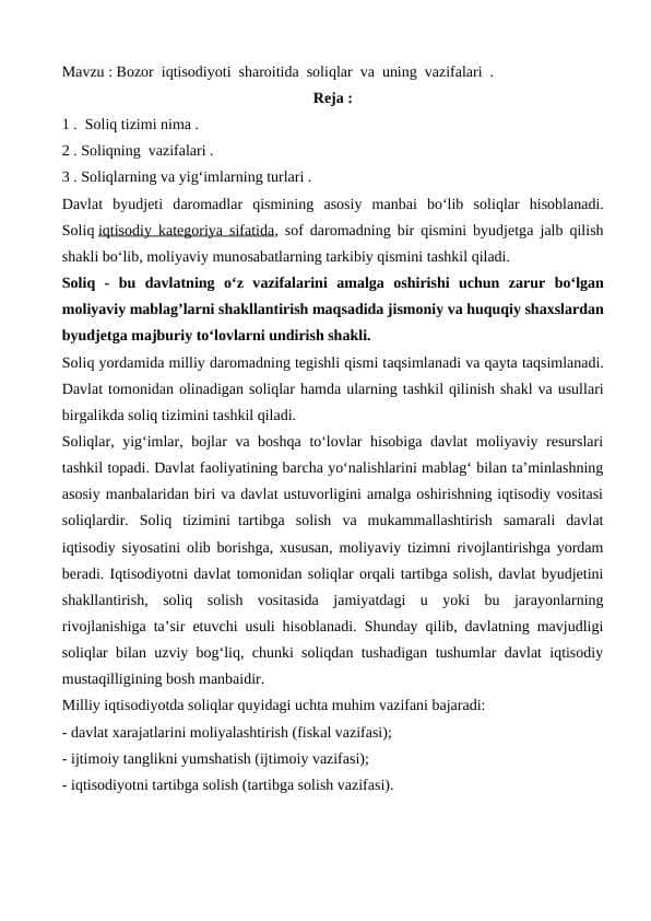Bozor iqtisodiyoti sharoitida soliqlar va uning vazifalari