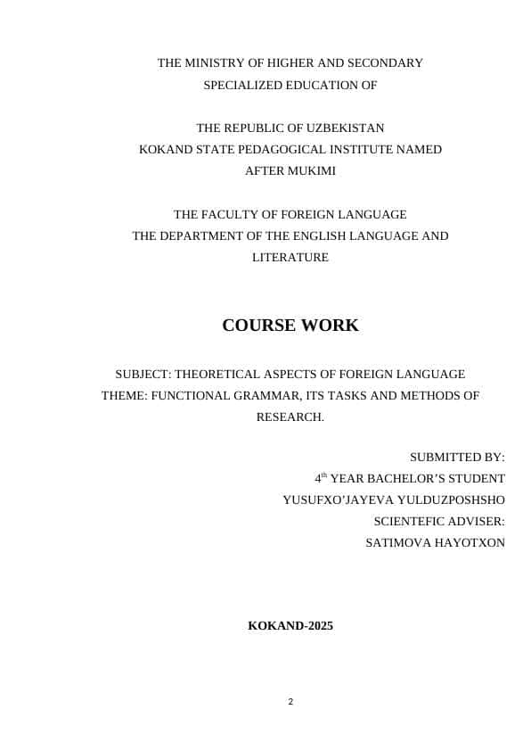 FUNCTIONAL GRAMMAR, ITS TASKS AND METHODS OF RESEARCH.