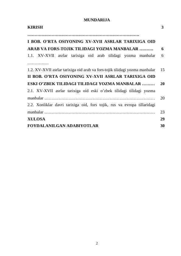 Oʻrta Osiyoning XV-XVII asrlar tarixiga oid yozma manbalar