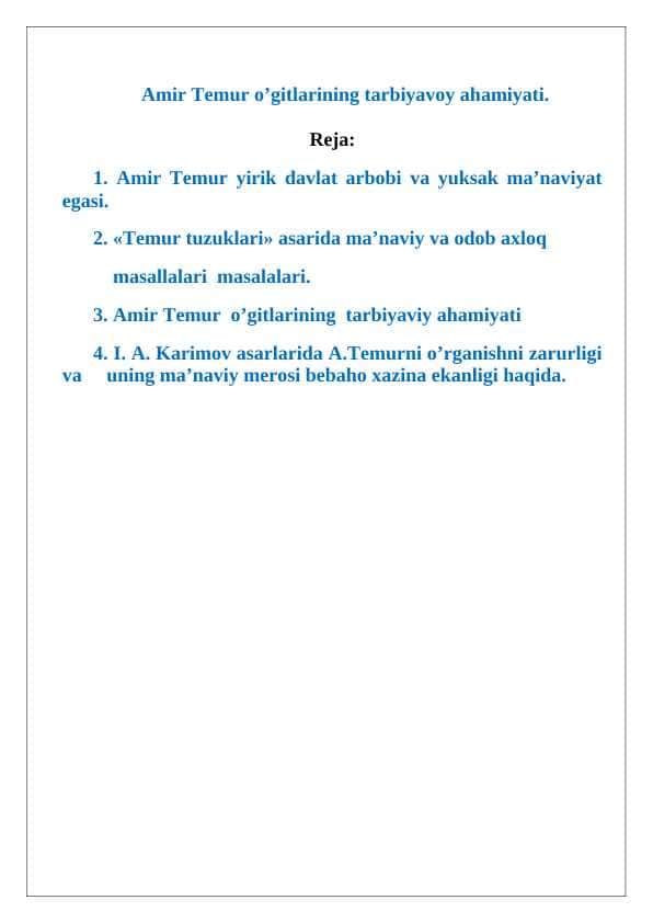 Amir Temur o'gitlarining tarbiyavoy ahamiyati