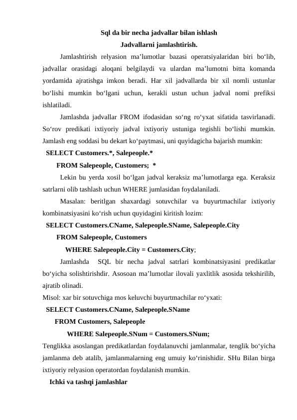 SQL da bir necha jadvallar bilan ishlash