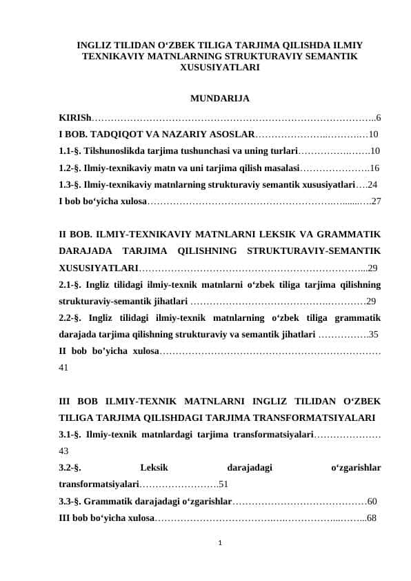 INGLIZ TILIDAN O‘ZBEK TILIGA TARJIMA QILISHDA ILMIY TEXNIKAVIY MATNLARNING STRUKTURAVIY SEMANTIK XUSUSIYATLARI