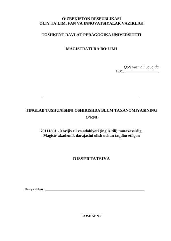 TINGLAB TUSHUNISHNI OSHIRISHDA BLUM TAXANOMIYASINING O‘RNI