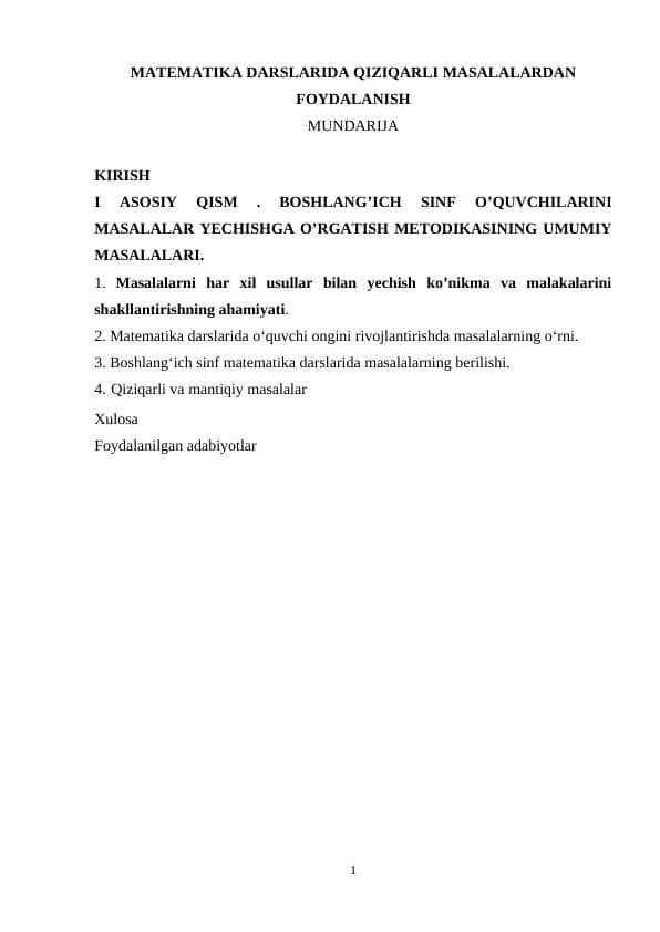 MATEMATIKA DARSLARIDA QIZIQARLI MASALALARDAN FOYDALANISH