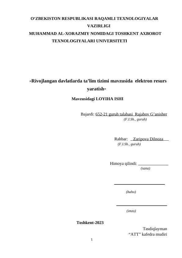 Rivojlangan davlatlarda ta’lim tizimi mavzusida elektron resurs yaratish