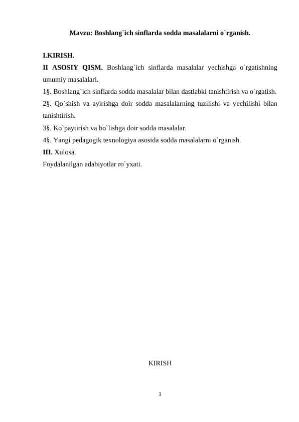 Boshlang`ich sinflarda sodda masalalarni o`rganish