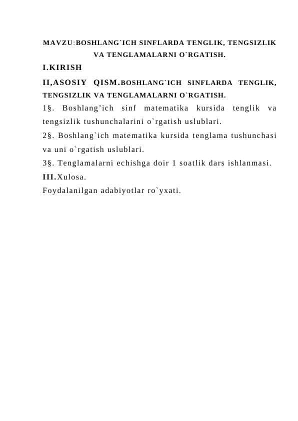 BOSHLANG`ICH SINFLARDA TЕNGLIK, TЕNGSIZLIK VA TЕNGLAMALARNI O`RGATISH